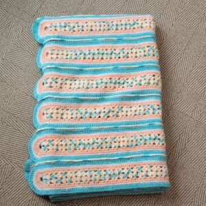 Vintage Handmade Crochet Striped Scalloped Throw Blanket Afghan Peach Aqua Cream